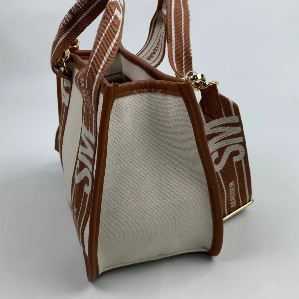 Steve Madden Tan Cream Canvas tote crossbody Bag Gold logo Lined pockets